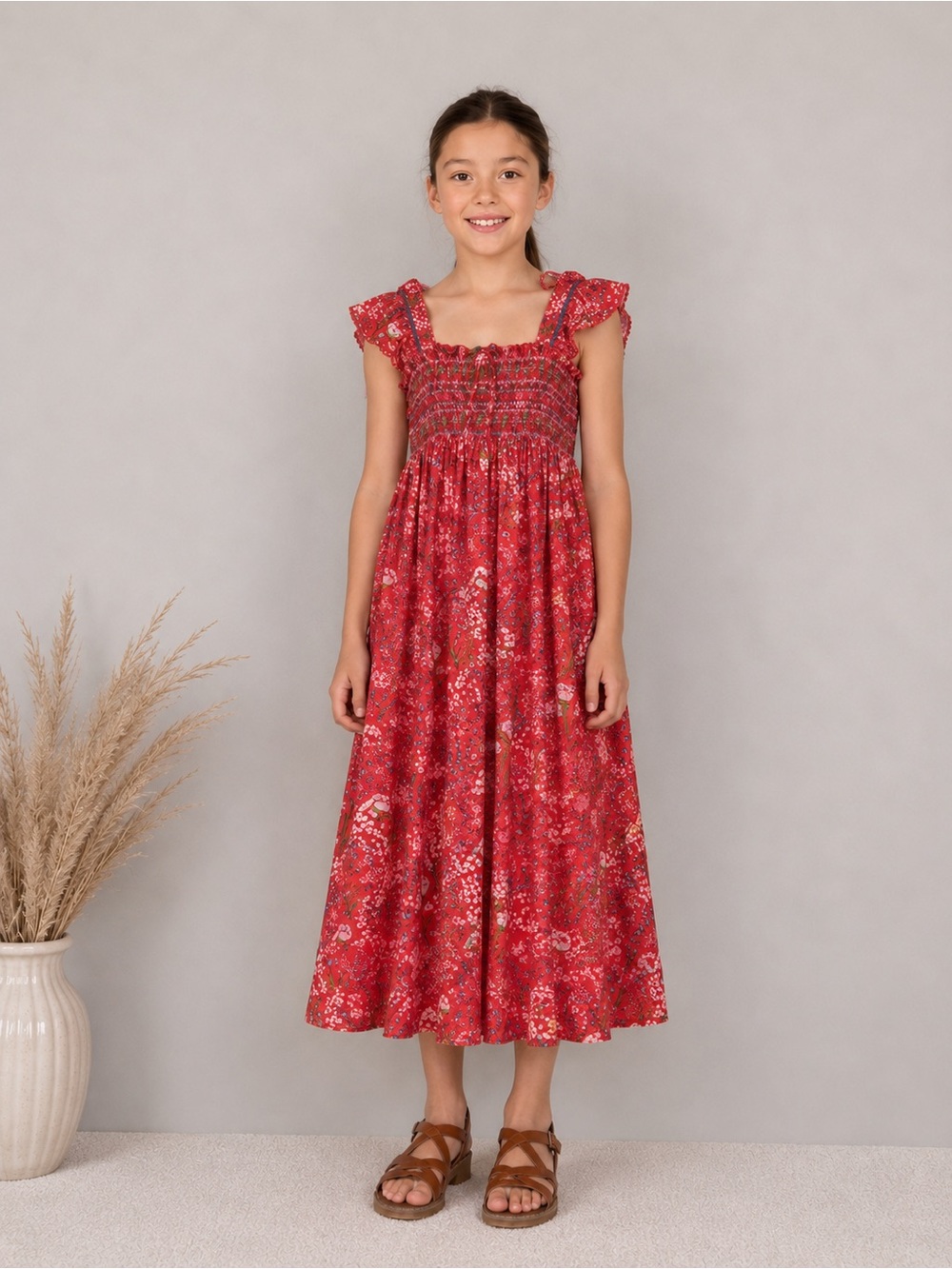Poupette St Barth Girls Red Floral Smocked Maxi Dress Size 8 100% Viscose Boho